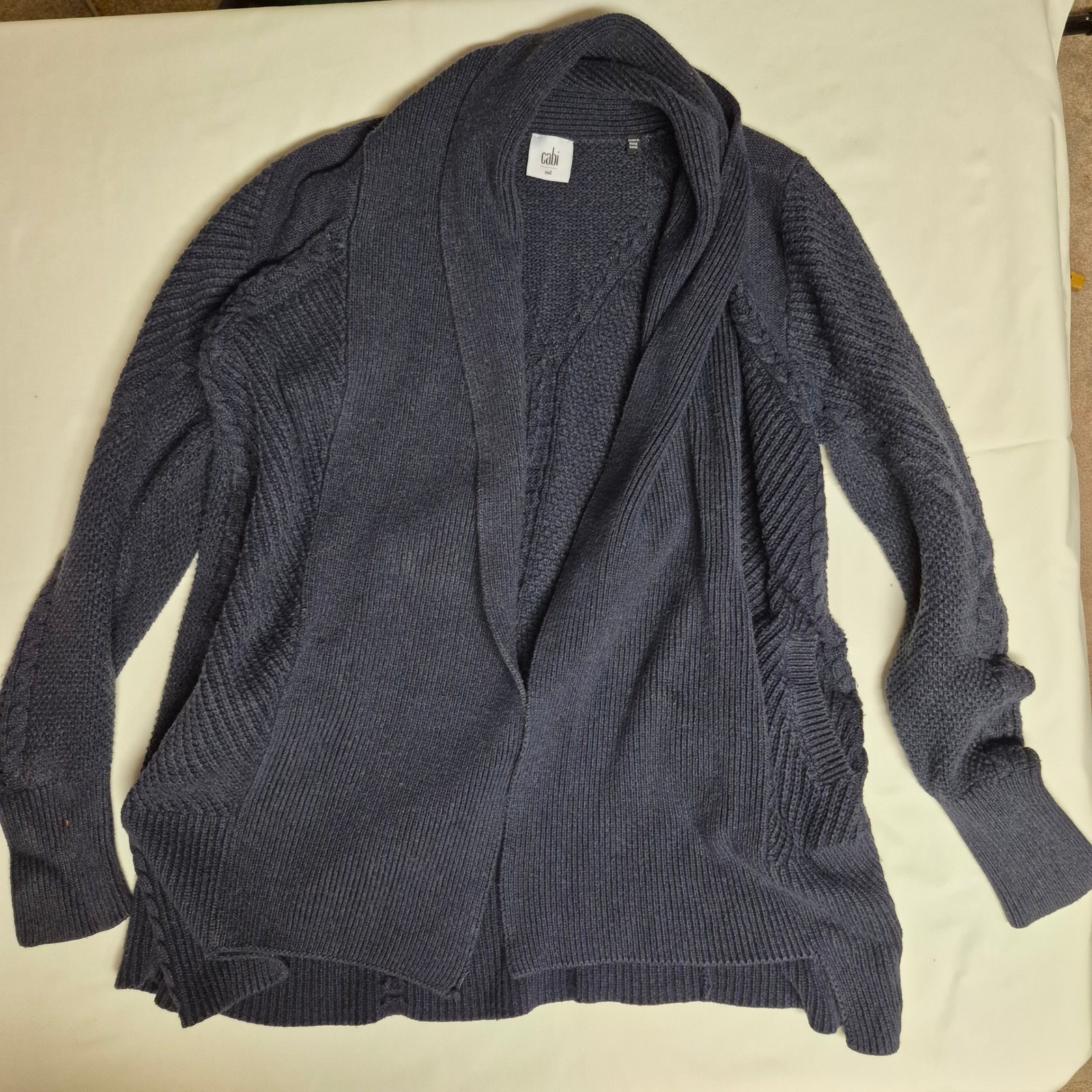Cabi Women's Knit Cardigan Sweater Navy Blue Cable Knit Pockets Shawl Collar
